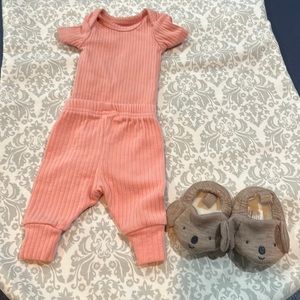 Coral Preemie Carters onesie with brown bear booties set